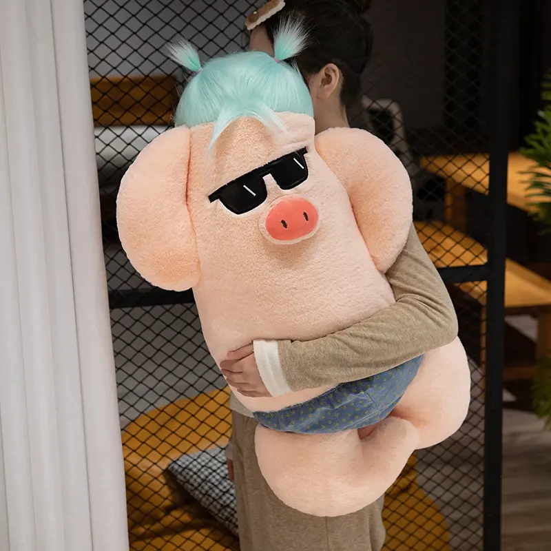 HECION Novo Desenho Brinquedo de pelúcia Kawaii personalizado porco engraçado com cabelo boneco travesseiro engraçado