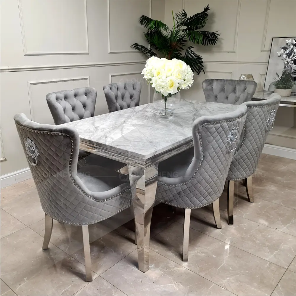Set tavolo da pranzo di lusso all'ingrosso con piano in marmo solido grigio e 6 sedie a dondolo leone grigio tavolo da pranzo cromato in acciaio inossidabile