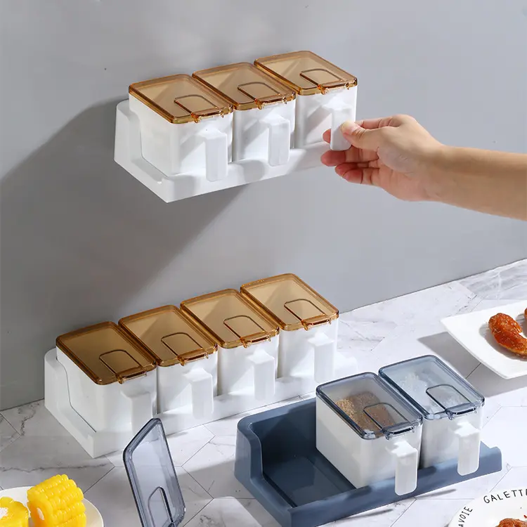 Caja organizadora de condimentos de plástico transparente, juego de almacenamiento con tapa y cuchara, para especias, sal de azúcar, nuevo diseño, 2023