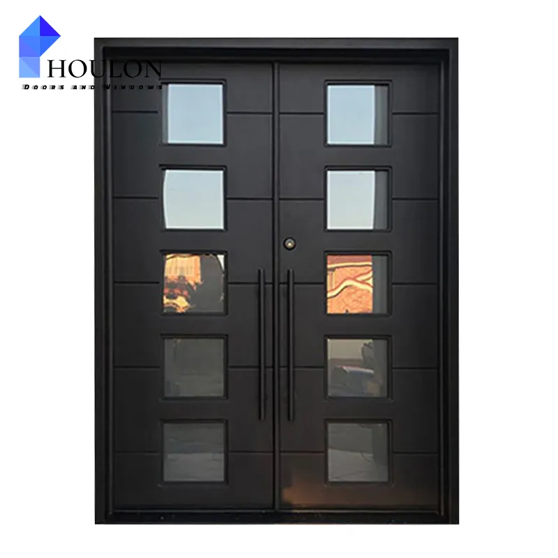 Vendi bene le porte anteriori principali cinesi di Design moderno esterno doppio vetro smerigliato porta in ferro battuto per case a casa