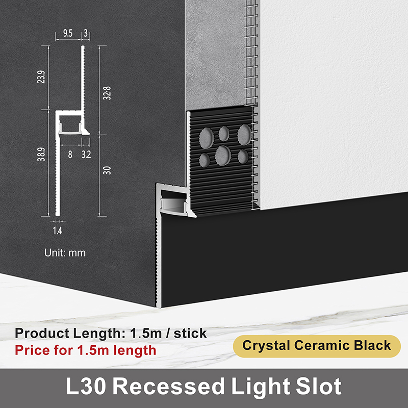 Slot per luce da incasso L30 / Cristallo ceramico nero / 1,5 m