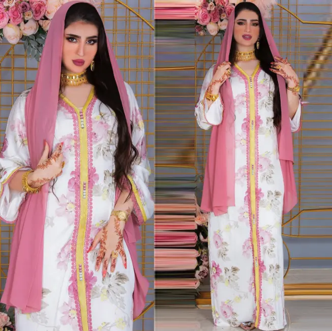 2022 Fashion Luxury Arabic Islamic Clothing Floral Kaftan Dresses Abaya Women Muslim Long Dress