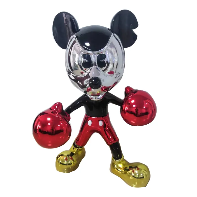 Boxeo dibujos animados Mickey Mouse estatua Arte Creativo resina artesanía galvanizado cromo animado 40cm