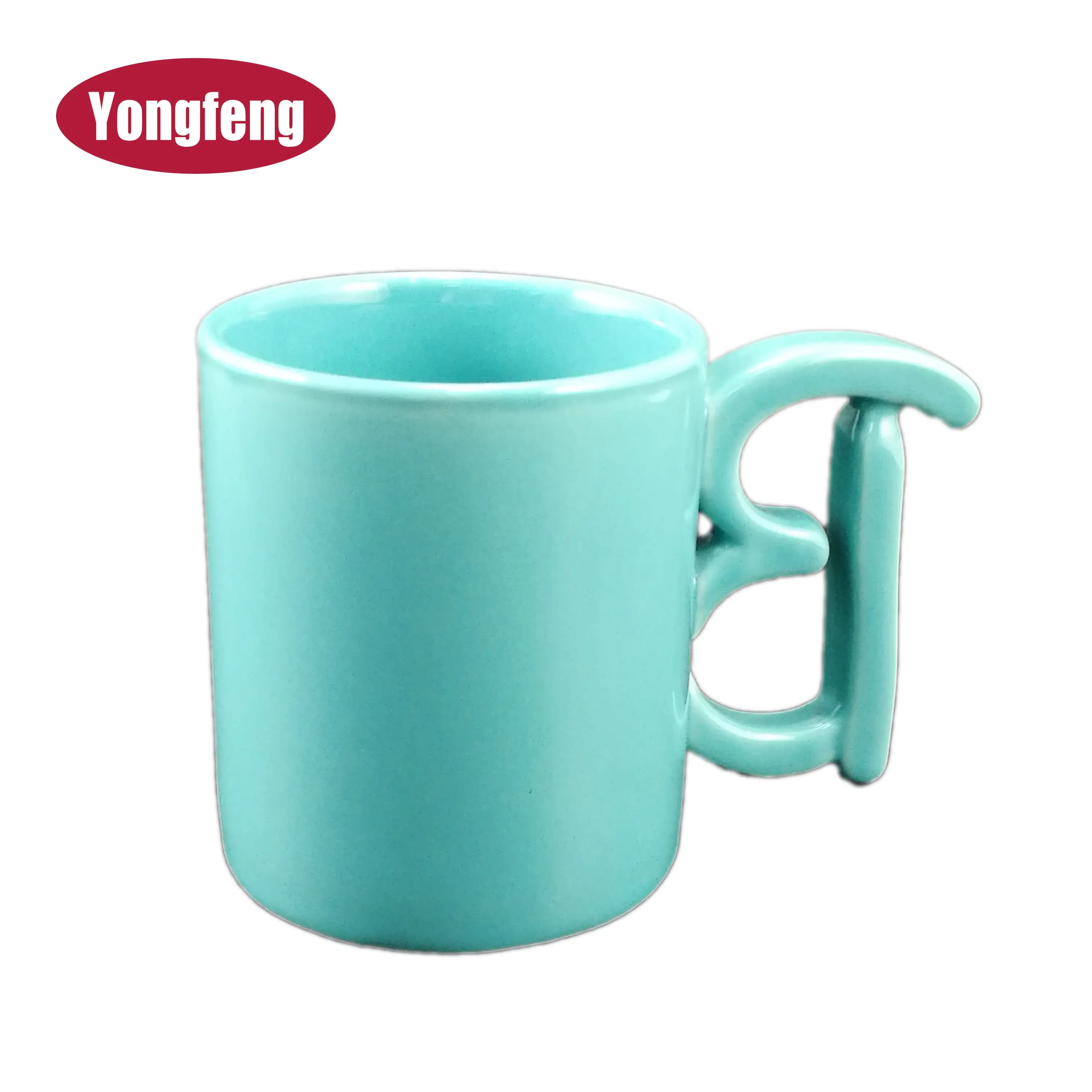 china production custom logo cheap green 12 oz ceramic stoneware coffee mugs with special handle handgrip