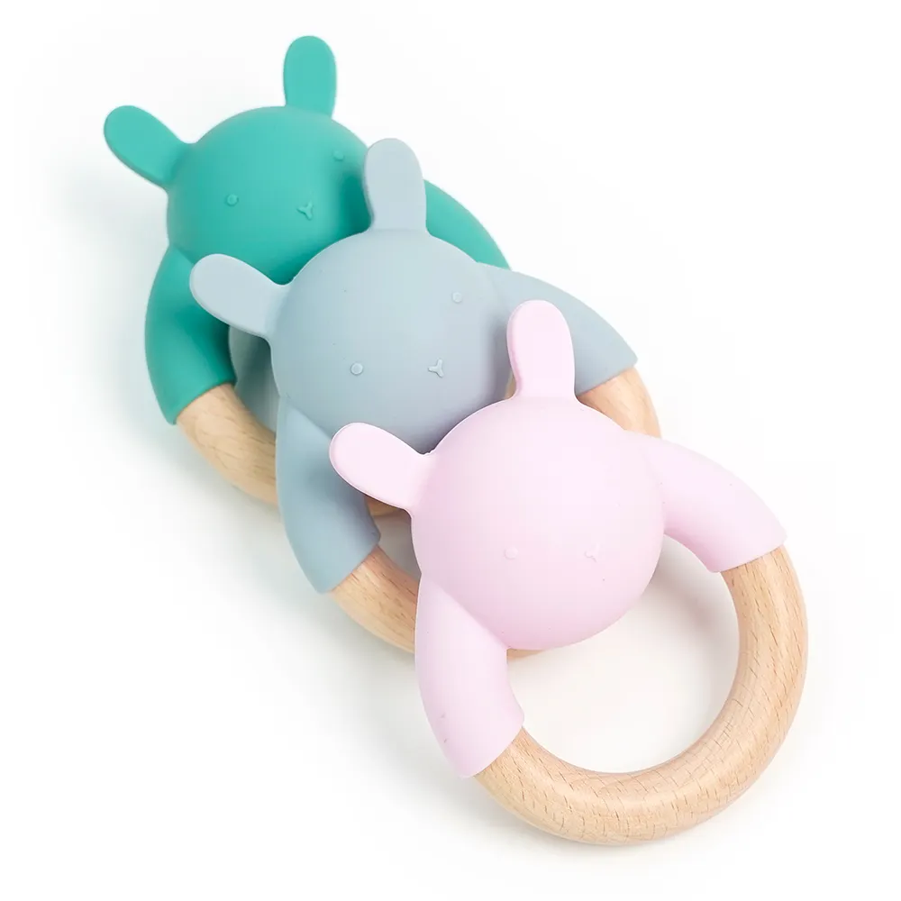 Fabrika desteği küçük Rawr marka tavşan çıngırak silikon diş çıkartma oyuncakları bebek için
