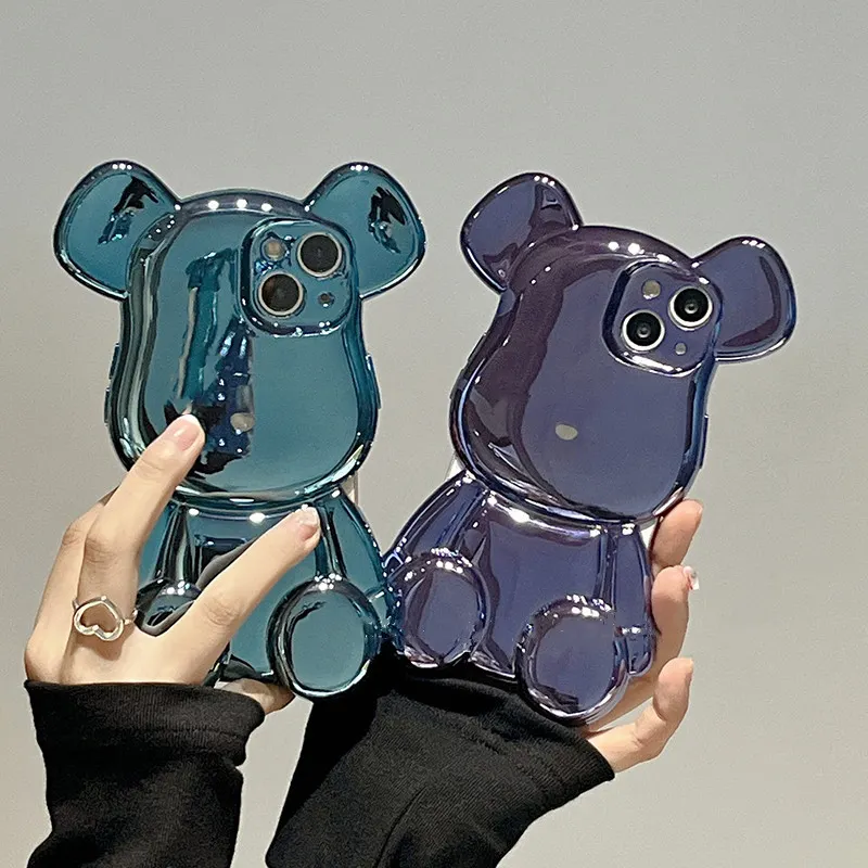 Pasang Merek Tiga Dimensi Electroplating Beruang Keras untuk iPhone 14promax Casing Ponsel iPhone Kreatif Perempuan Anti-jatuh Lembut