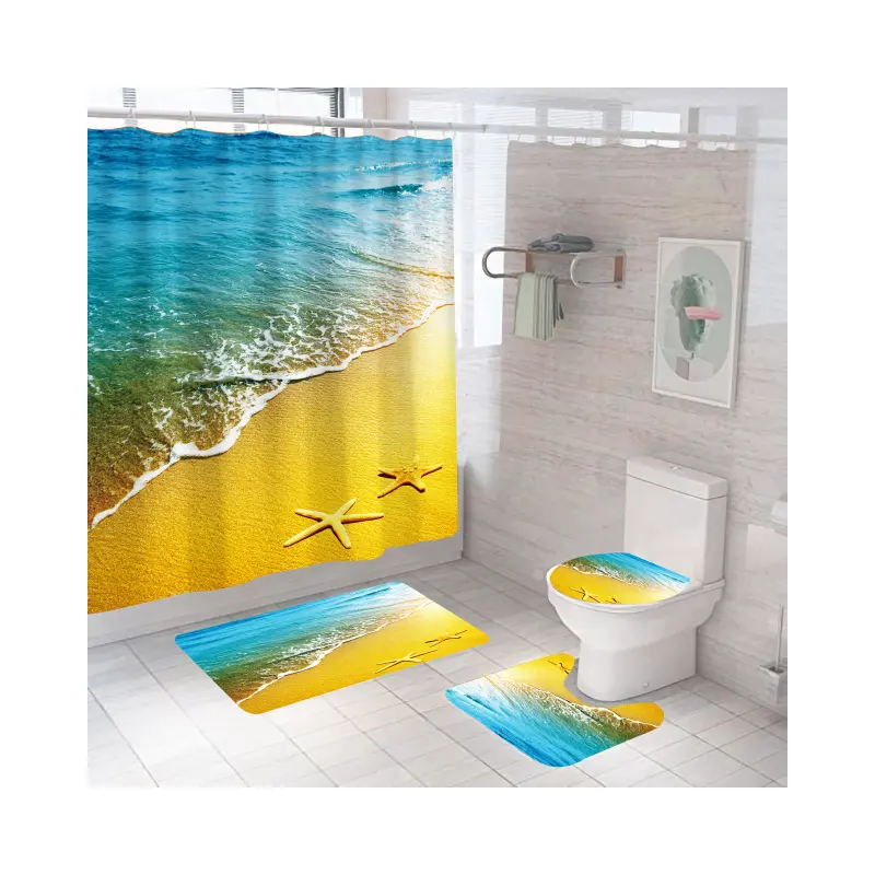 Paysage de mer et requin imprimé 3d luxe douche Boho rideau tapis ensembles de salle de bain avec tailles personnalisées en gros rideaux de douche