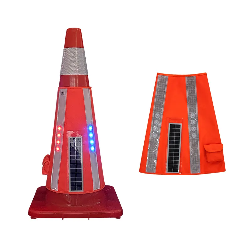 Solar charged reflective traffic cone collar red blue strobe warning signal light LED safety road cone sleeve