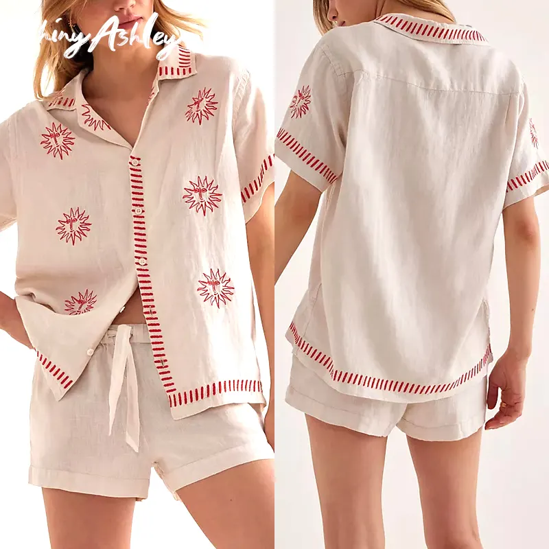 Custom Ethnic Style Women Night Wear Open Front Button Shorts Lady Sleepwear Embroidery Linen Pajamas