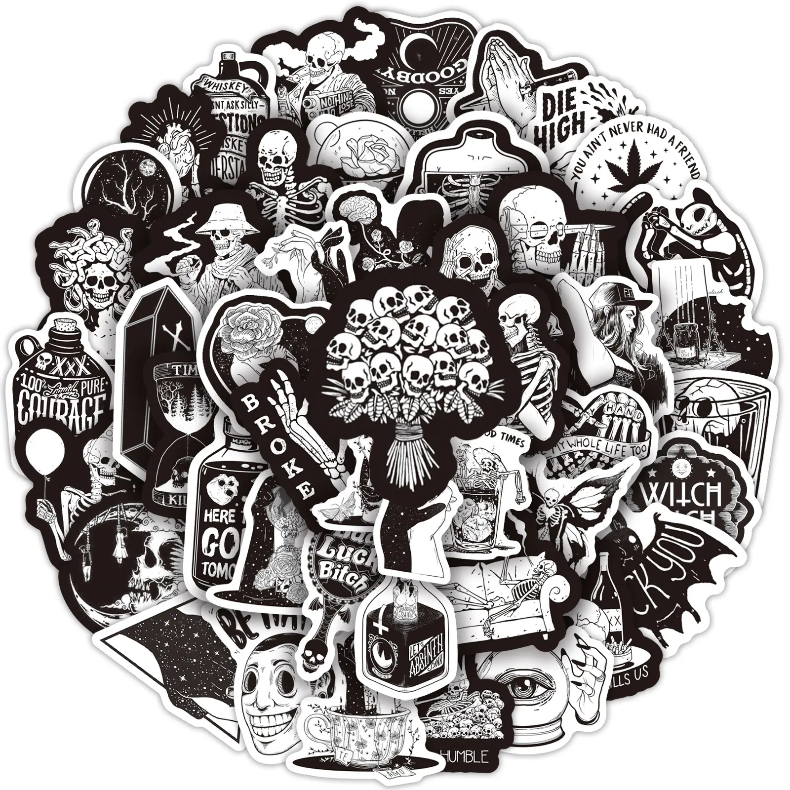 50pcs/bag vinyl removable waterproof black and white skull Skeleton Graffiti trend sticker