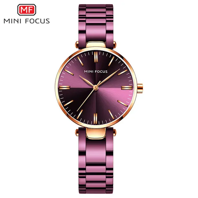 Модные фиолетовые женские кварцевые часы MINI FOCUS 0265, браслет из нержавеющей стали 2019, водонепроницаемые, минимальный заказ, простой браслет, наручные часы
