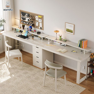Escritorio de ordenador de doble juego con estantes y cajones, diseño Simple de madera duradero para el hogar, oficina, mesa de estudio moderna para 2 personas - Product Image 3