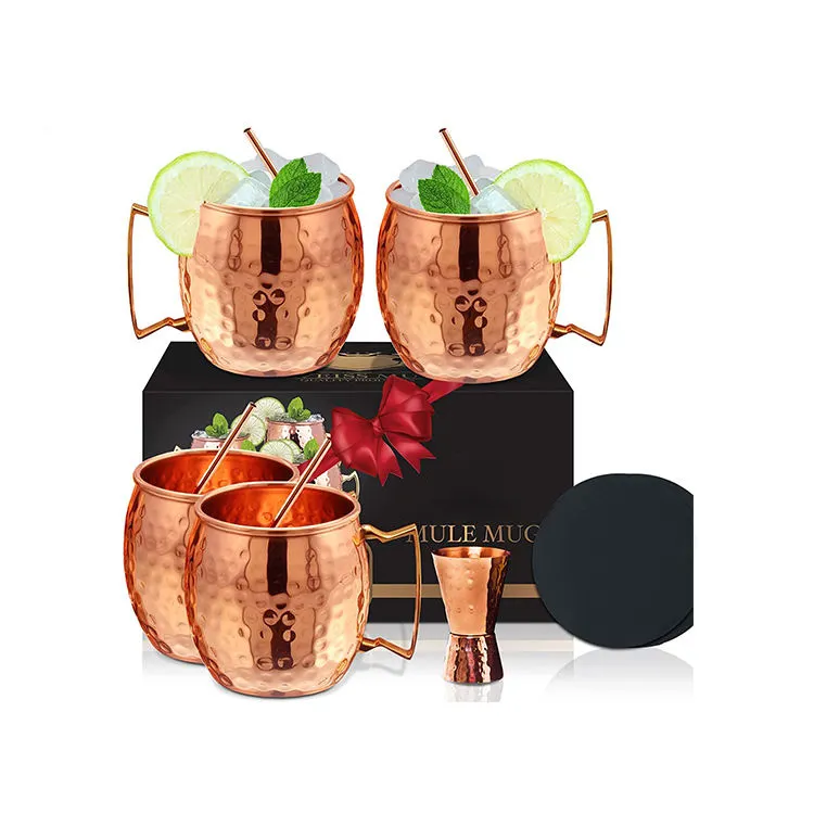 Food Safe Pure Solid Copper Cups Moscow Mule Copper Mugs with Silicone Handle Grips Moscow Mule Copper Mug