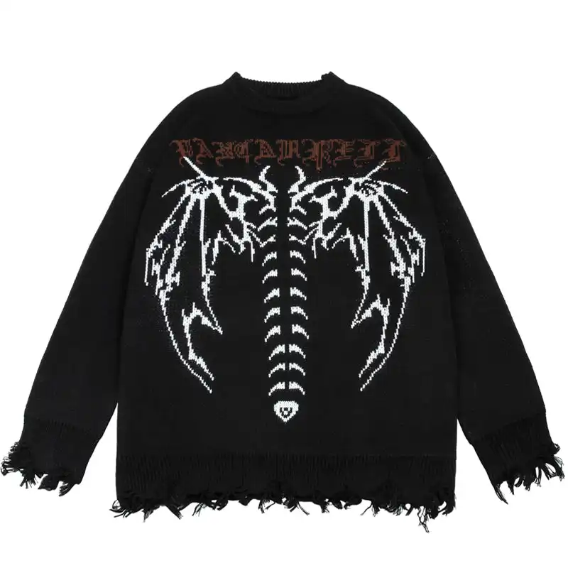 High Quality Distressed Hem Men's Sweater Skeleton Jacquard Embroidery Logo Custom Sweater Crew Neck Knit Sweater