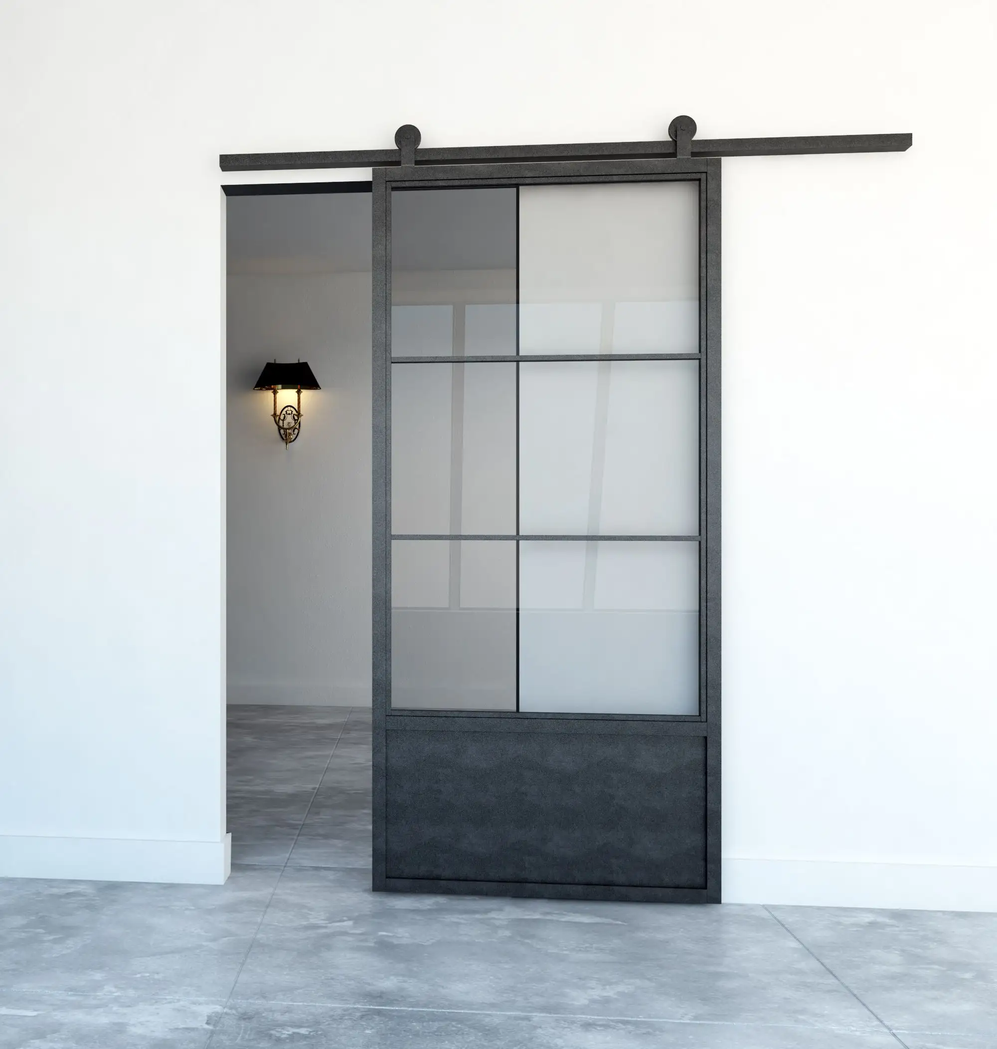 Modern Design Barn Style Steel Glass Door for Kitchen Double Clear Tempered Glass Soundproof