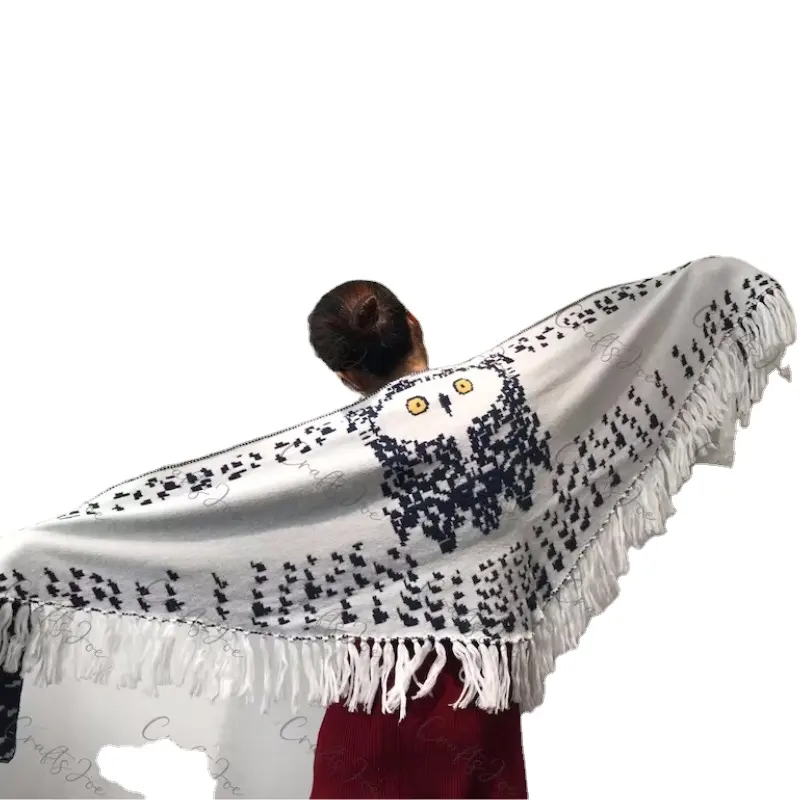 Moda mujer Otoño Invierno poncho bufanda étnica crochet búho patrón borla chal bufanda tejida a mano borla bufanda