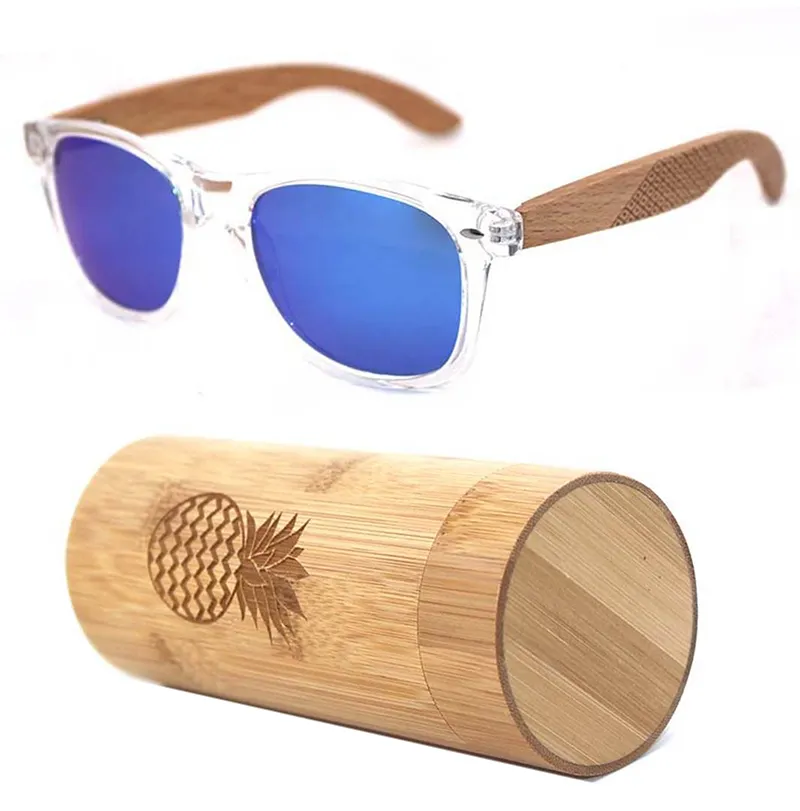 Transparent color pc plastic frame uv400 polarized bamboo wooden sunglasses with custom logo