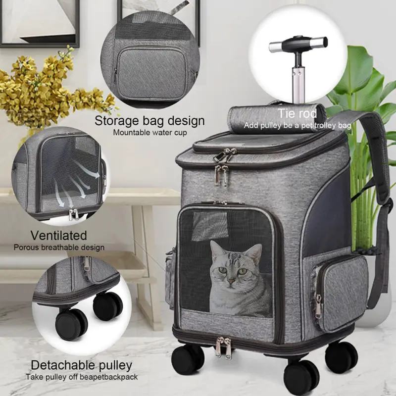 Atmungsaktiver Komfort-Haustier träger rucksack mit Rädern Katzen rucksack Abnehmbare Rollrad-Trolley-Tasche