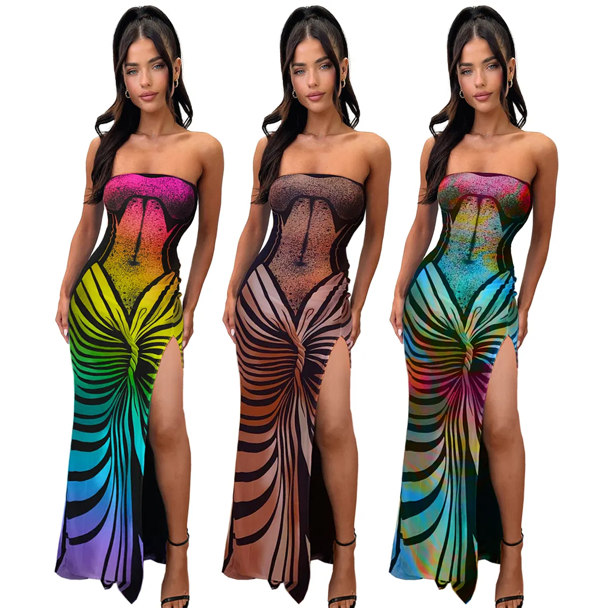 Novedad de verano 2024, vestido Sexy para fiesta de Club, vestido de cintura alta con estampado Halter y espalda descubierta con corbatas