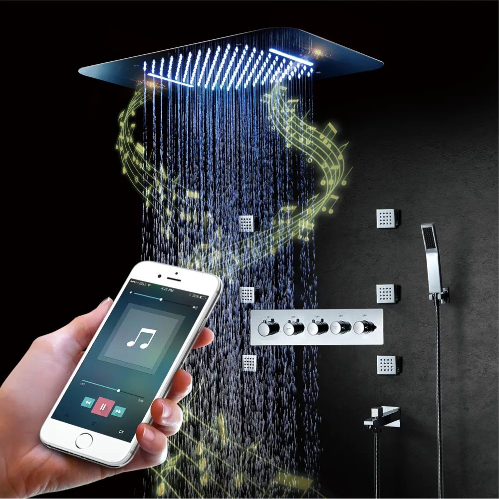 Cuarto de baño lluvia cascada LED termostático grifo de la ducha con ducha Jet cuerpo y función de música la cabeza de ducha