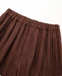 2025 Calças de cintura alta de linho das mulheres Brown perna larga calças com dupla cintura plissada cintura alta cinto Loops personalizados para o verão