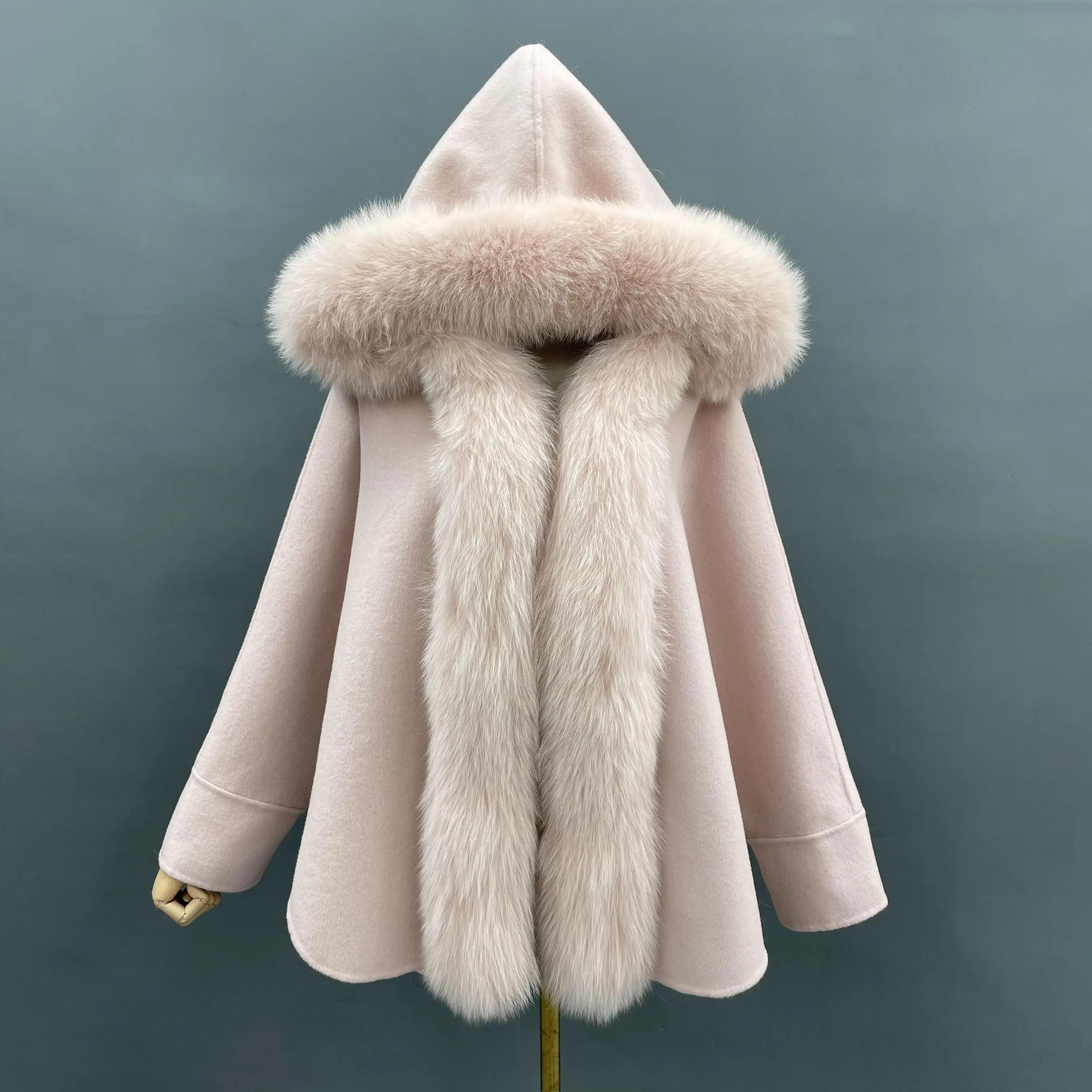Poncho de lana de Cachemira para mujer, capa de piel de zorro Real, talla personalizada, elegante, venta al por mayor