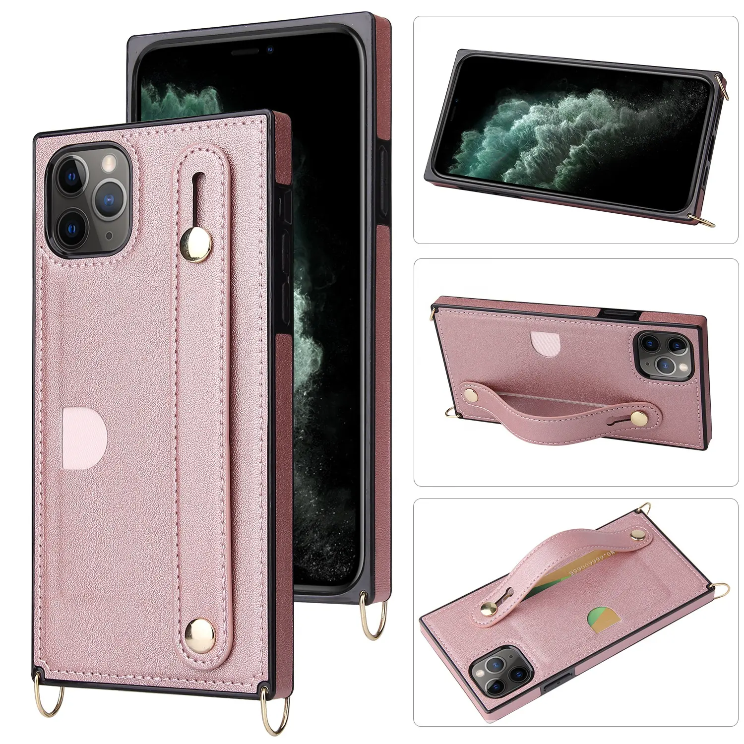 Funda con función de soporte para iPhone 15 funda protectora de tarjeta iPhone 15 pro Max carcasa del teléfono correa cruzada 13 Funda de cuero para teléfono