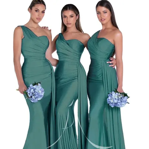 Vestido de dama de honor de sirena de un hombro, satén elástico, elegante, para fiesta de boda, para dama de honor