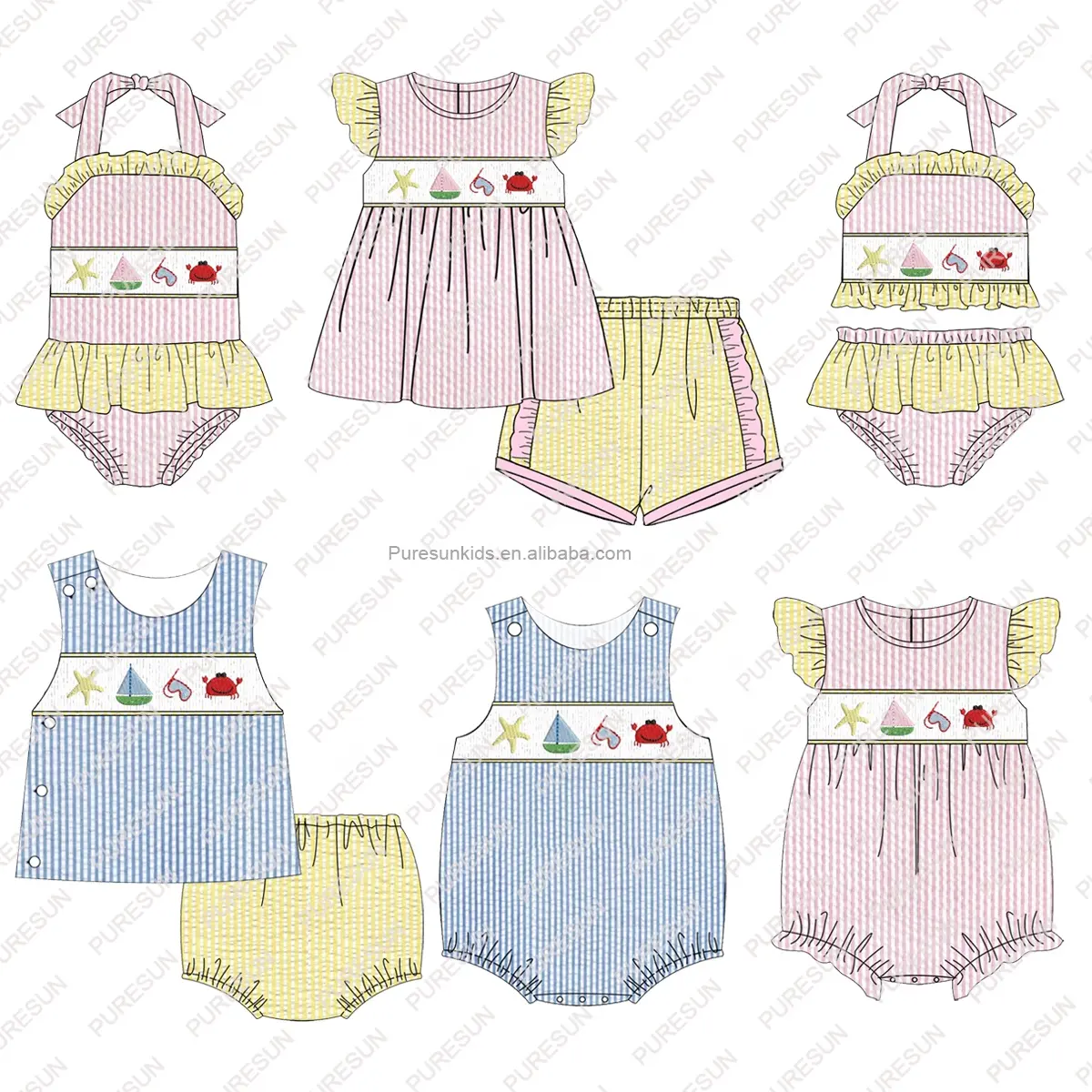 Puresun yaz butik kız kıyafetleri yengeç nakış gofre kızlar giyim setleri yeni tasarım önlüklü bebek kız giysileri