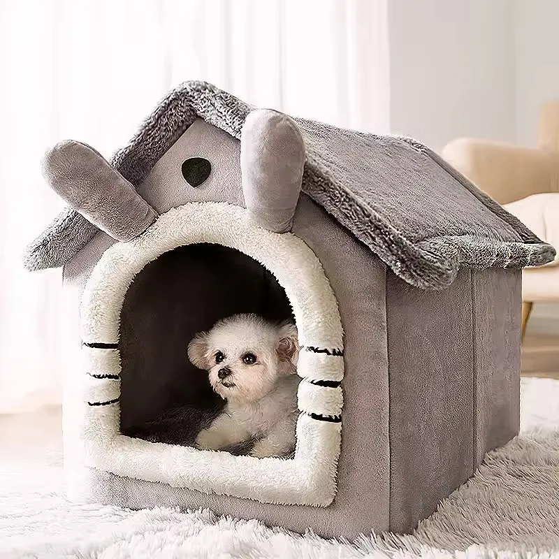 Songci Puppy Kennel Huisdier Luxe Pluche Kat Tent Nest Opvouwbare Kleine Honden Mand Ingesloten Teddygrot Warm Hondenhuis