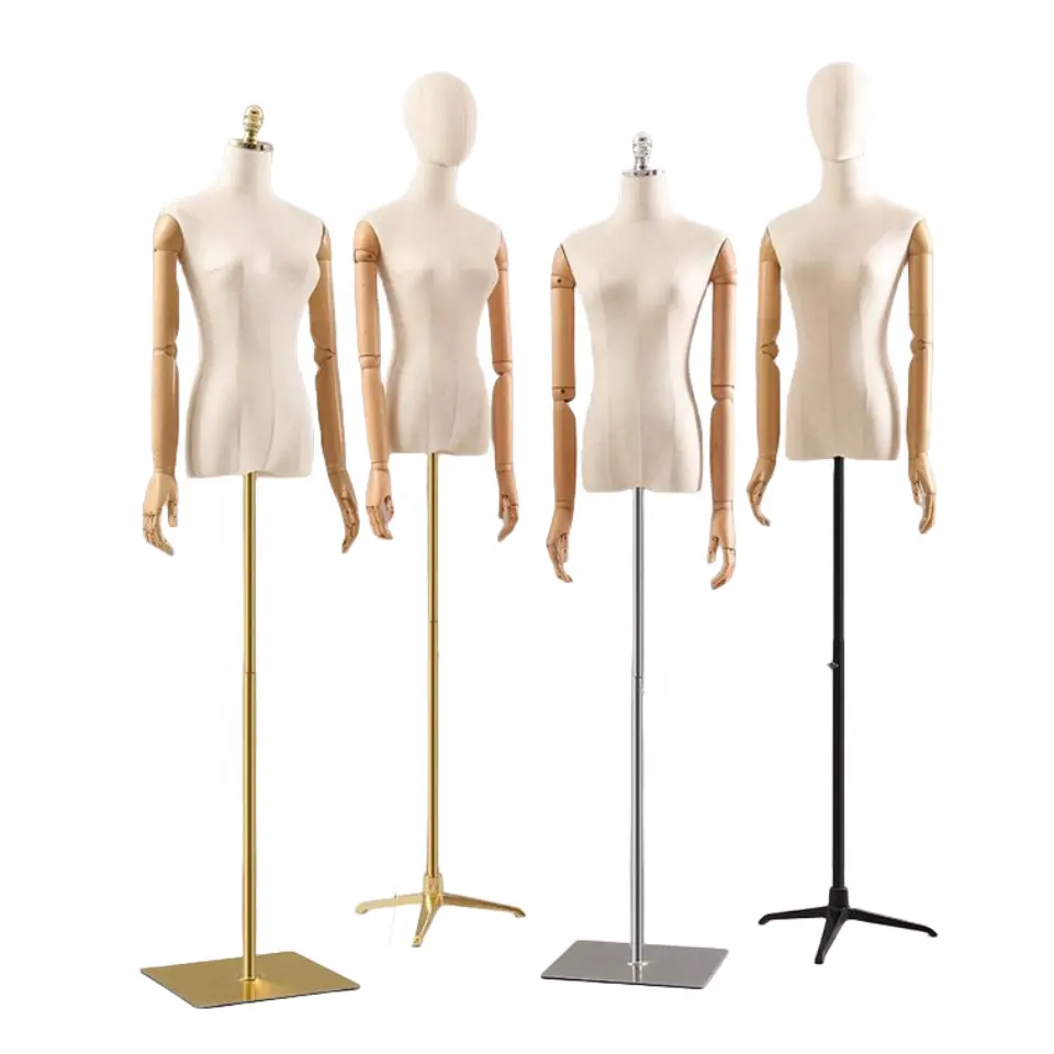 Dress Stand Torso Manikin Wholesale Fabric with Wooden Arms and Metal Wrapped Female Mannequins Half Body Women Beige / Custom