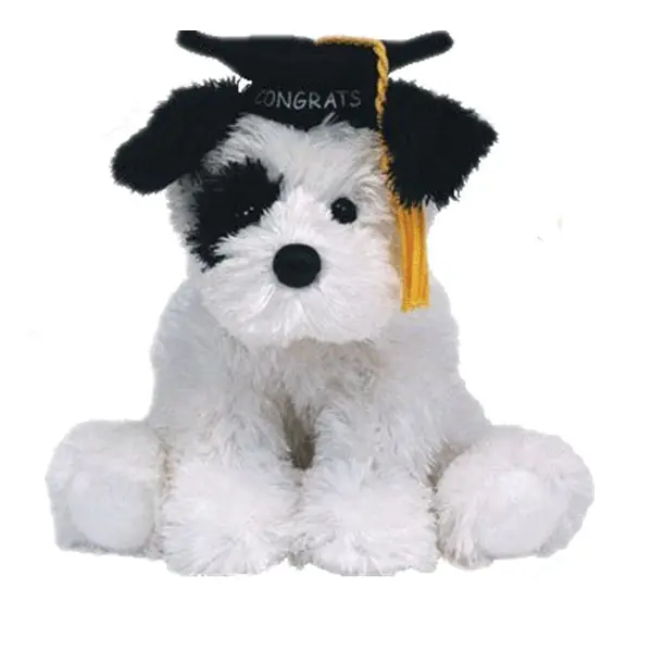 จบการศึกษาตุ๊กตาหมีนุ่มสีขาวและสีดำยัดตุ๊กตาสุนัข