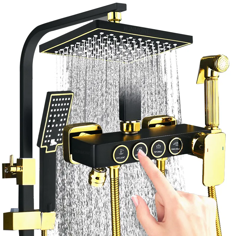 Sistema de chuveiro do banheiro Conjunto com Bidé Faucet Black Gold Hot and Cold Bathtub Mixer Brass Faucet Temperatura Rainfall Shower Set