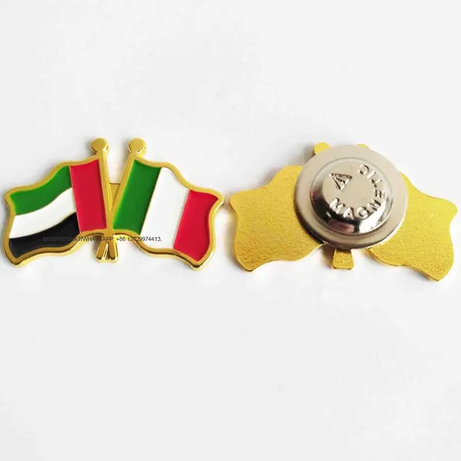 Amitié métal double drapeau magnétique revers manteau étiquette poitrine broche broche badge broches des Émirats arabes unis et de l'Italie