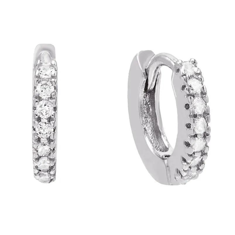 Gemnel hot selling 14k white gold pave small diamond 925 sterling silver huggie earring
