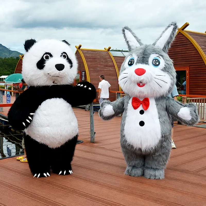 Fantasia inflável de panda para adultos, traje de pelúcia polar e de cabelo longo, para halloween