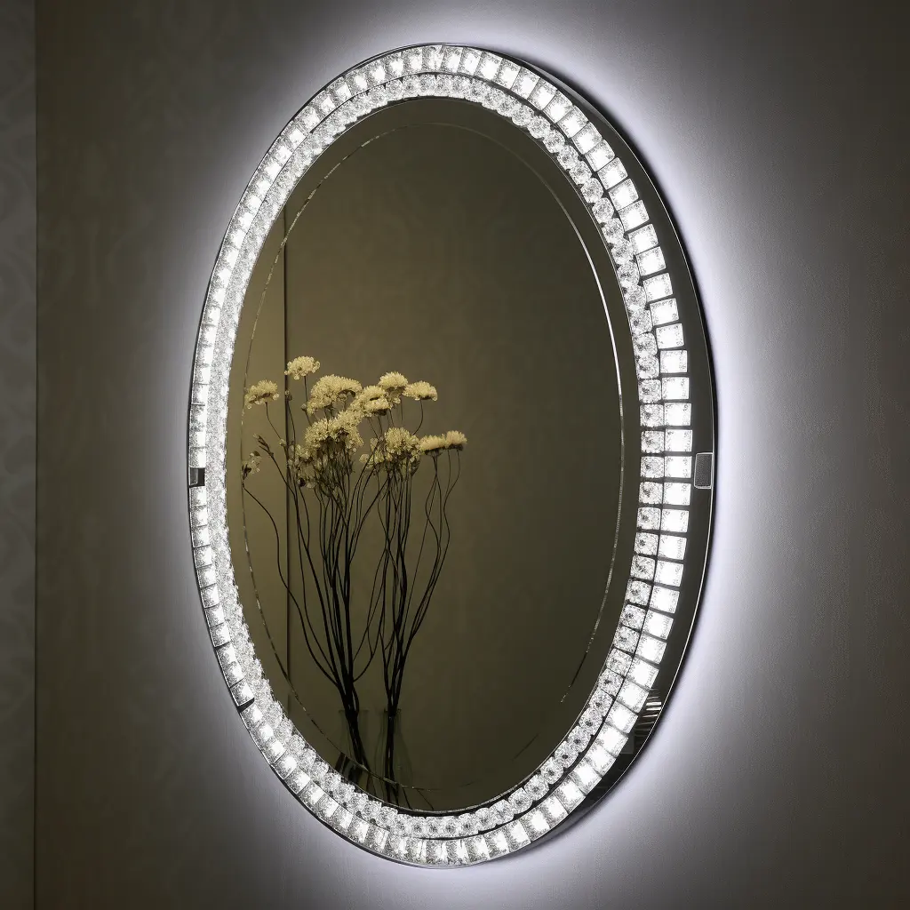 벽 메이크업 Led 빛 목욕 거울 실버 크리스탈 다이아몬드 라운드 벽 거울 Led 빛