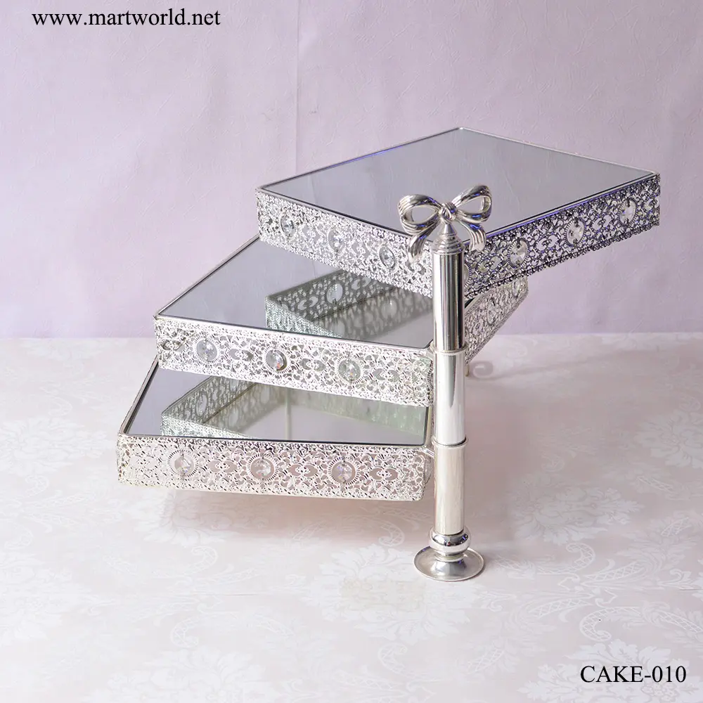 3 tire square folding cake stand silver crystal rotatable metal display stand for birthday cake wedding decorations(CAKE-010)
