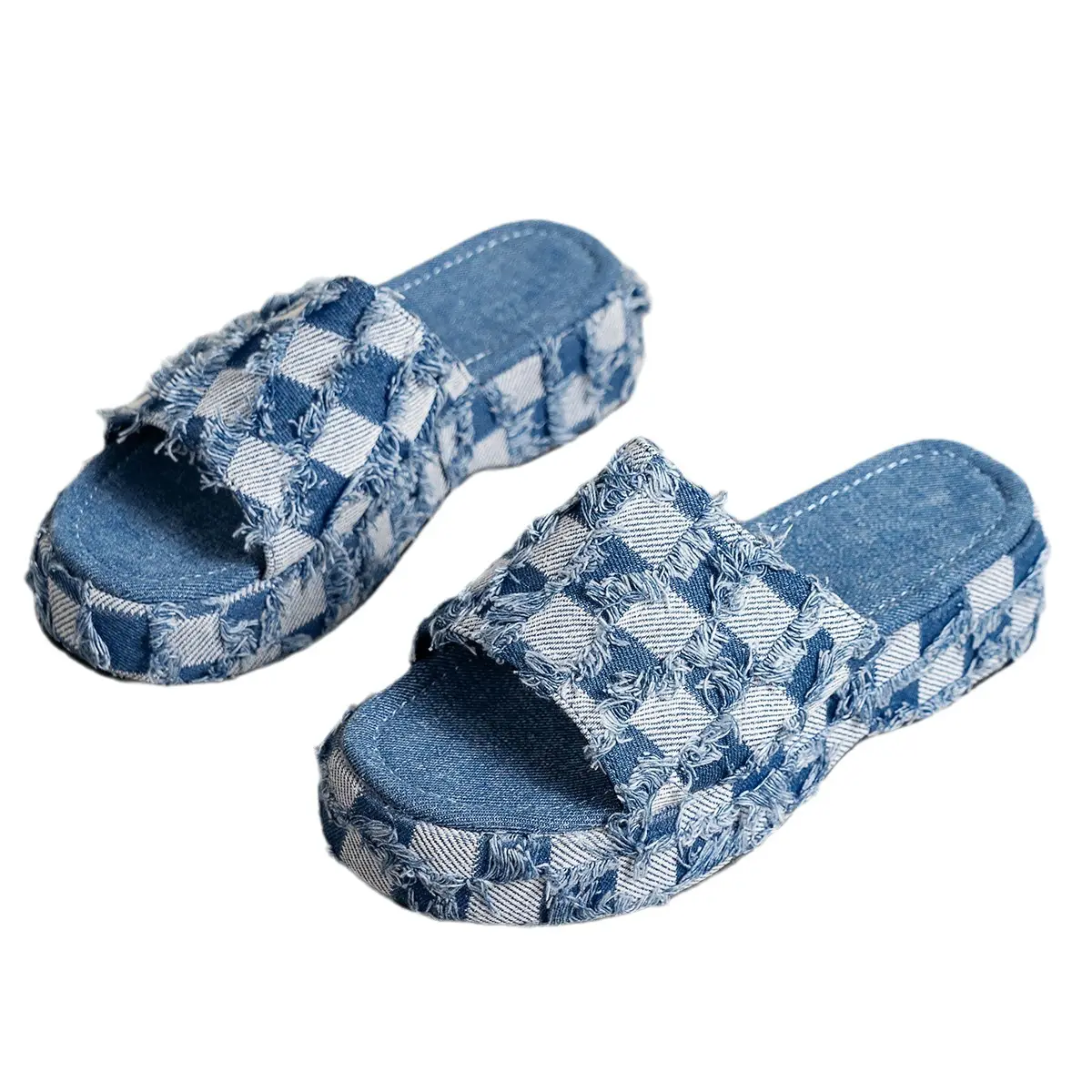 Ubililia mới giản dị denim vải gride phụ nữ Giày sandalia thời trang phẳng Slide Dép Peep Toe dày nêm gót dép