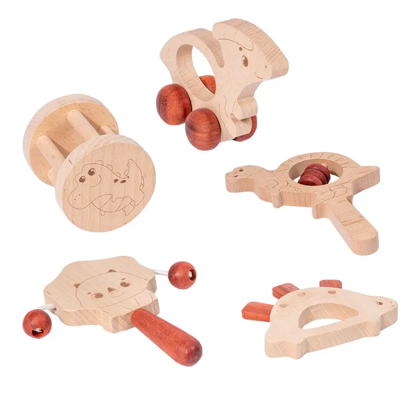 Menyenangkan pendidikan kayu bayi sensorik mainan kerincingan hewan bulat Drum Fixer mobil gantung bermain bayi gigi kereta bayi mainan anak