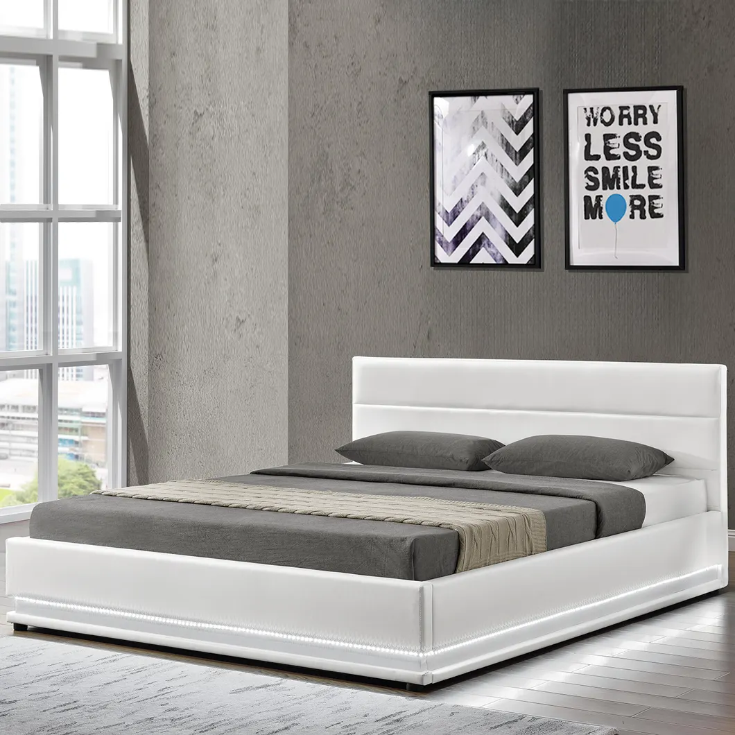سرير من ويلسون فاخر مزود بإضاءة LED من جلد البولي يوريثان الصناعي سرير يعمل بالغاز سرير مربع ذو رأس مزدوج لغرف النوم الحديثة