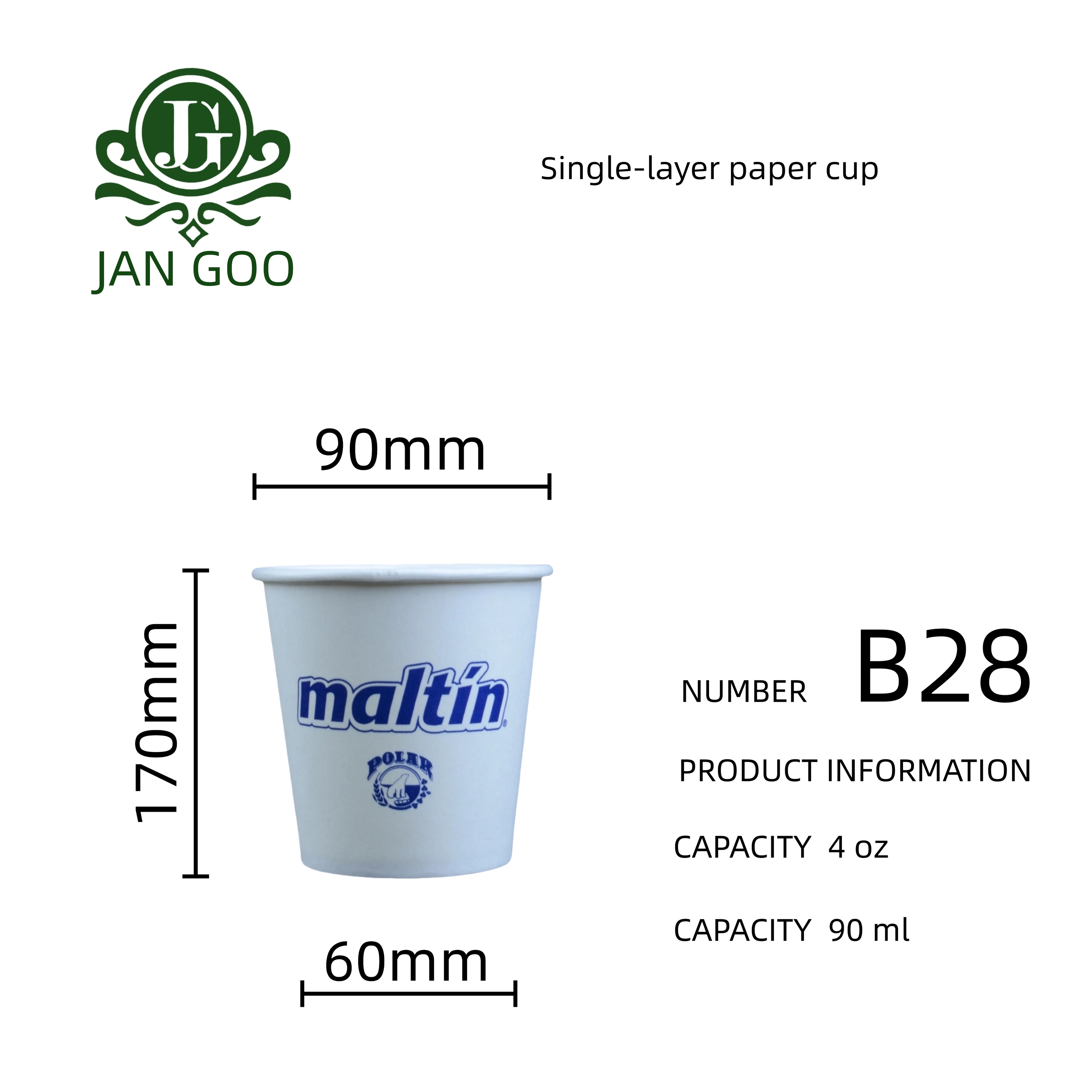 B28: vaso de papel de una sola capa de 4 oz