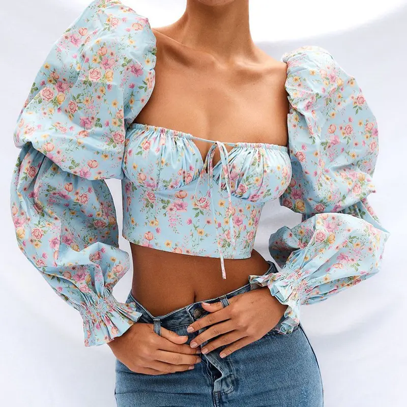 Blusa de chifón con manga abombada y cuello cuadrado para primavera y otoño, camisa romántica de estilo francés para mujer, color blanco, R30533S