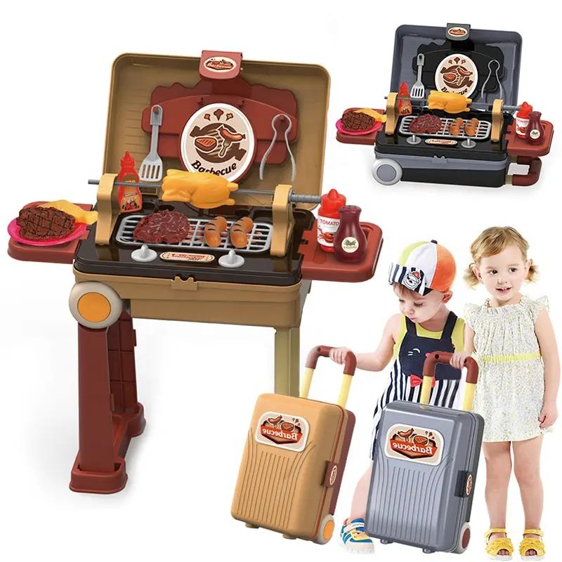 4 IN 1 Valigia Giocattoli Per Bambini Finta Play Kitchen Griglia di Cottura BARBECUE Cibo Stoviglie Pentole Da Cucina Posate Da Tavolo Giocattoli Set