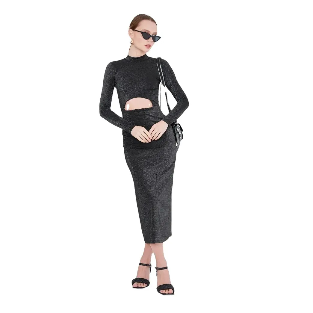 Black Qlittery Bouzi Fabric Long Sleeve Elegant Dress With Belly Detail Fitted Long Sleeve Bouzi Fabric Elegant Invitation Dres