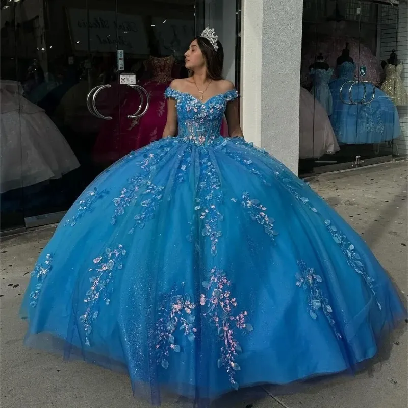 Vestido de baile de formatura feminino VX 15 para meninas de 16 anos, vestido quinceanera azul brilhante com apliques florais e ombro de fora, traje de baile de formatura, desfile e baile de formatura