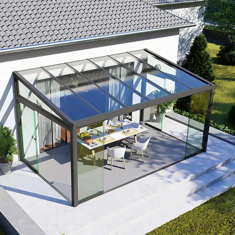 Progola Toit d'auvent rétractable à cadre en aluminium personnalisé Serre coulissante en verre trempé isolé Maisons de véranda