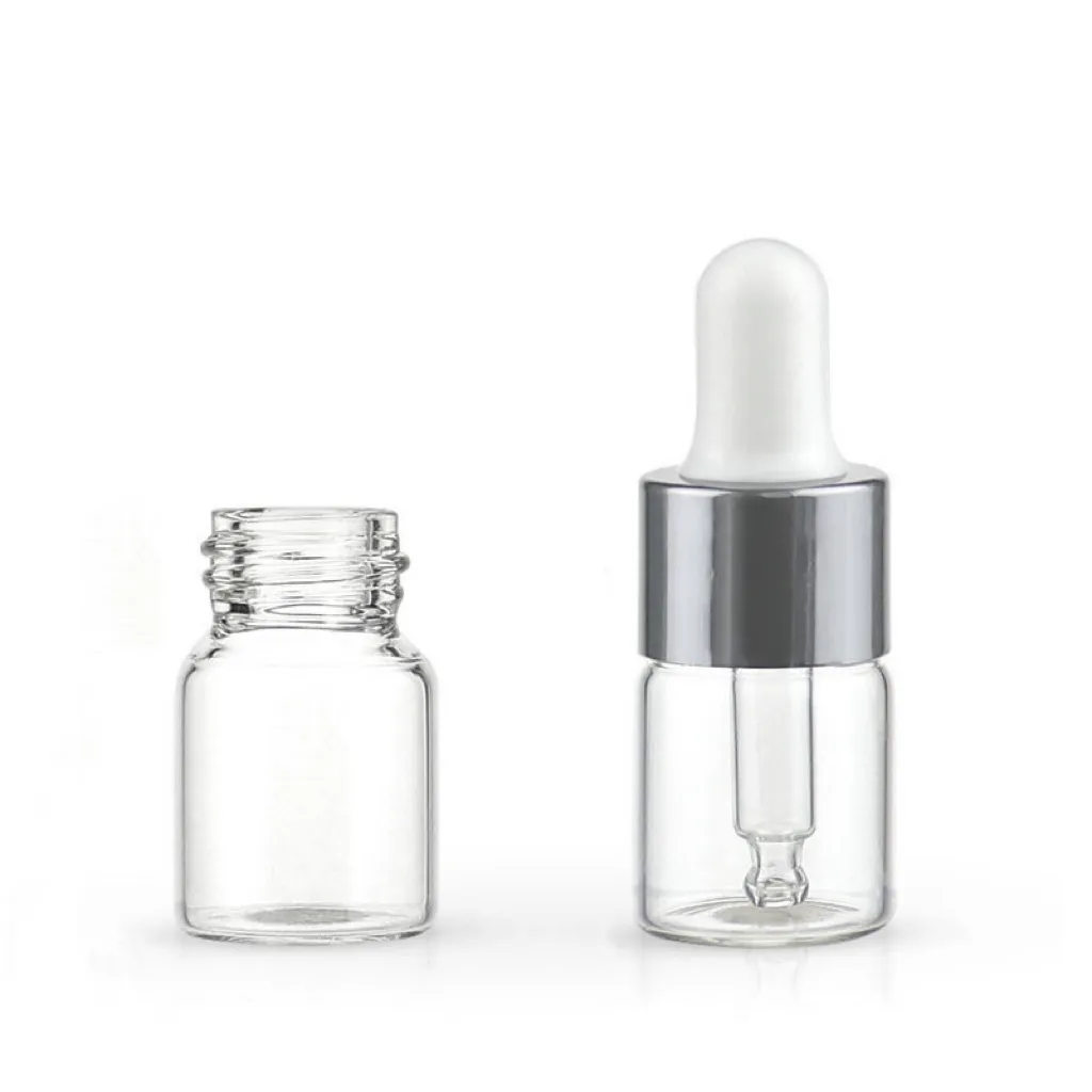 Toptan uçucu yağ örnek şişeler parfüm yağı için 1ml mini şeffaf cam damlalık şişe flakon