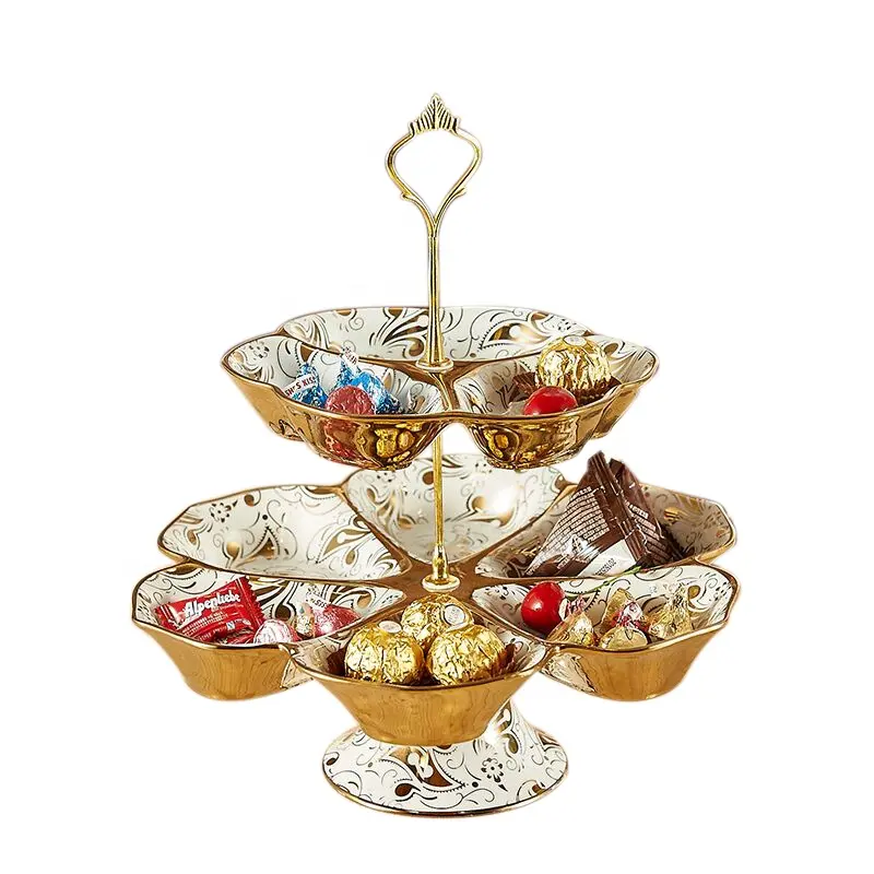 Keramische Gouden Taart Platen 2 Lagen Porselein Plaat Sets Dessert Met Houders