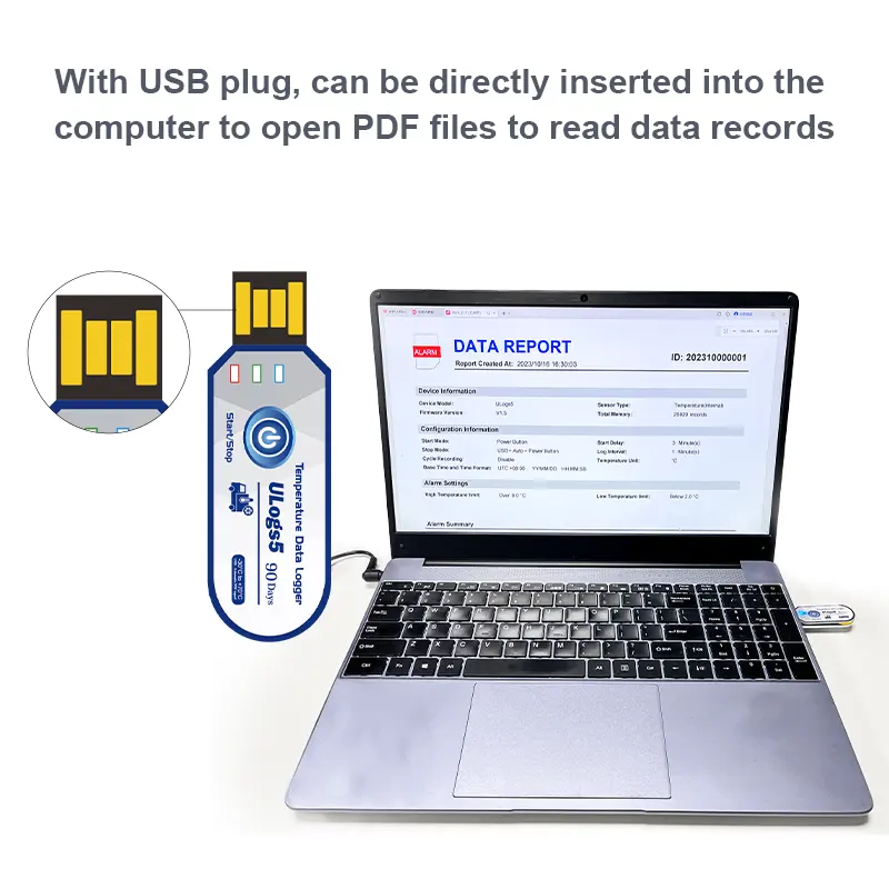 Registrador de temperatura de termómetro USB de cadena fría Registrador de datos de temperatura de viaje único con informe PDF